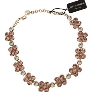DOLCE & GABBANA Gold Plated Brass Pink Clear Crystal Embellished Necklace